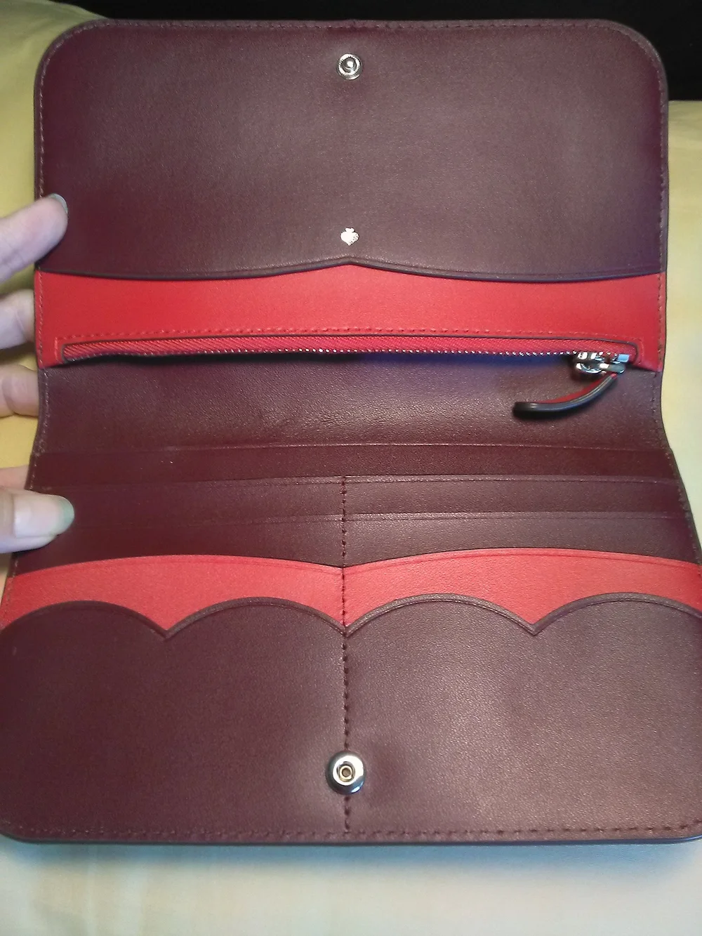 NWOT Kate Spade Red suede & leather Colorblock Spade emblem LG. Wallet Beauty